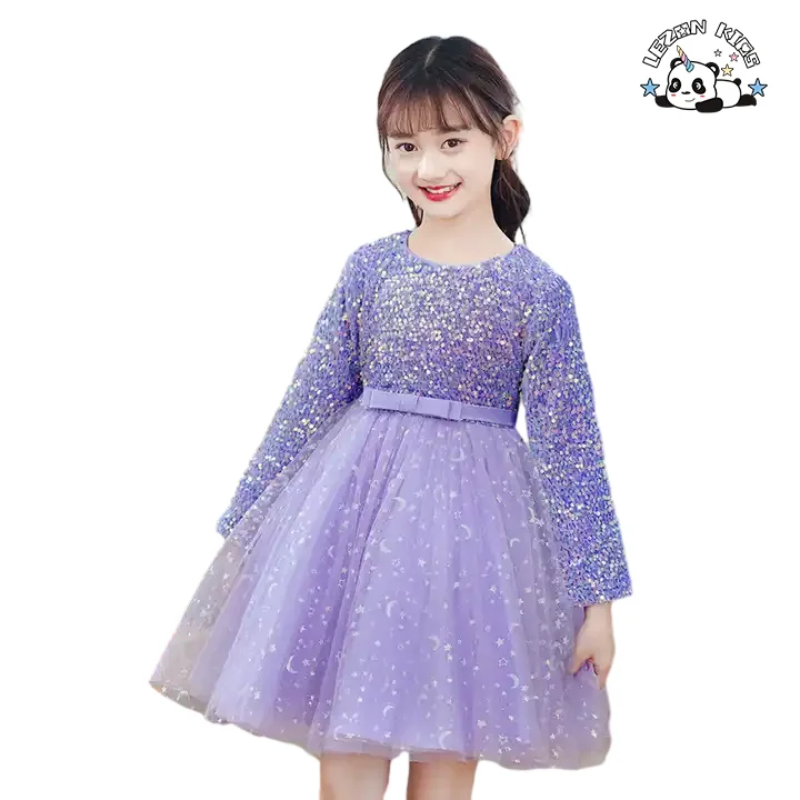 LEZONKIDS - Vestido de manga longa de outono para meninas com lantejoulas e poncho de gaze para apresentações em palco vestido de princesa